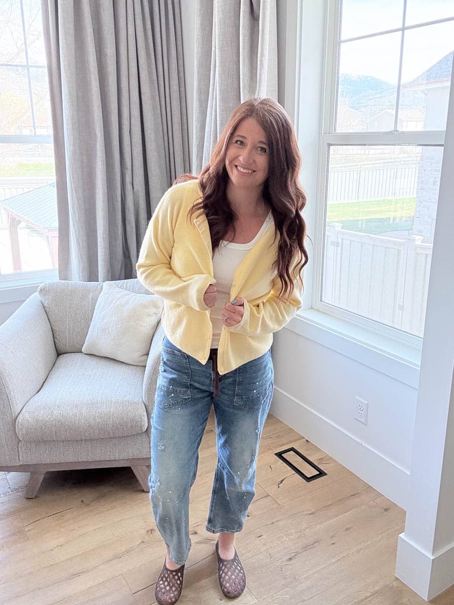 Barrel Jeans + White Tank + Yellow Cardigan