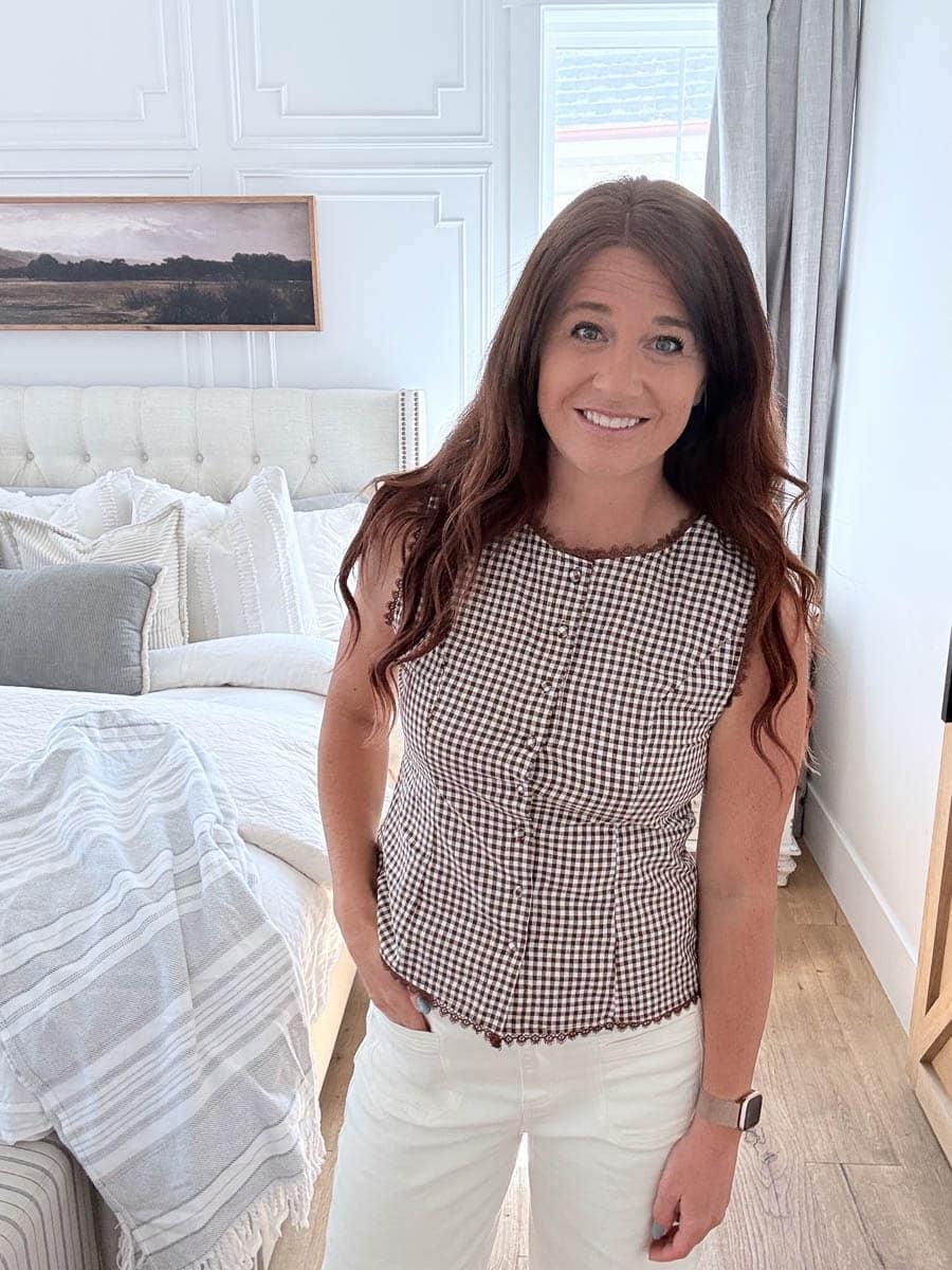 White Pants + Sleeveless Brown Gingham Tie-Back Top